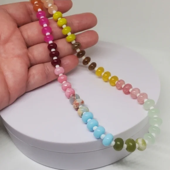 NEW!! Anthropologie Rainbow Multicolor Beaded Stones Gold Plated Necklace - Picture 6 of 7